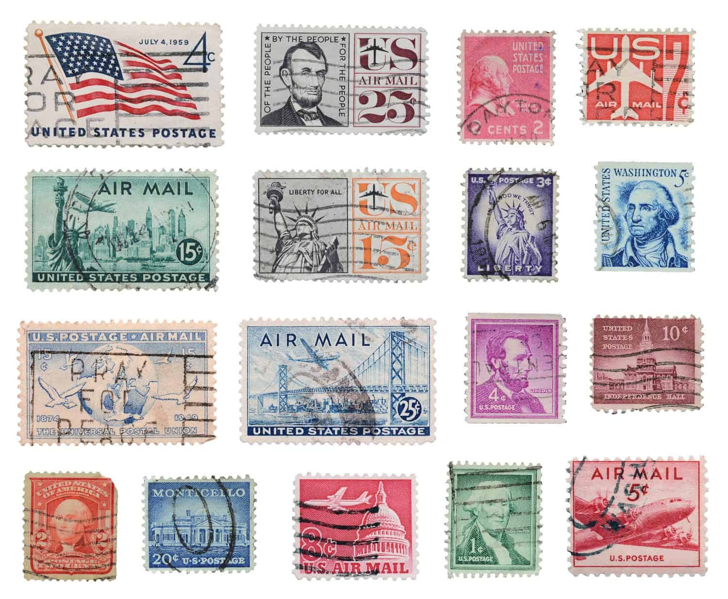 United States of America postage stamps isolated on a white background.