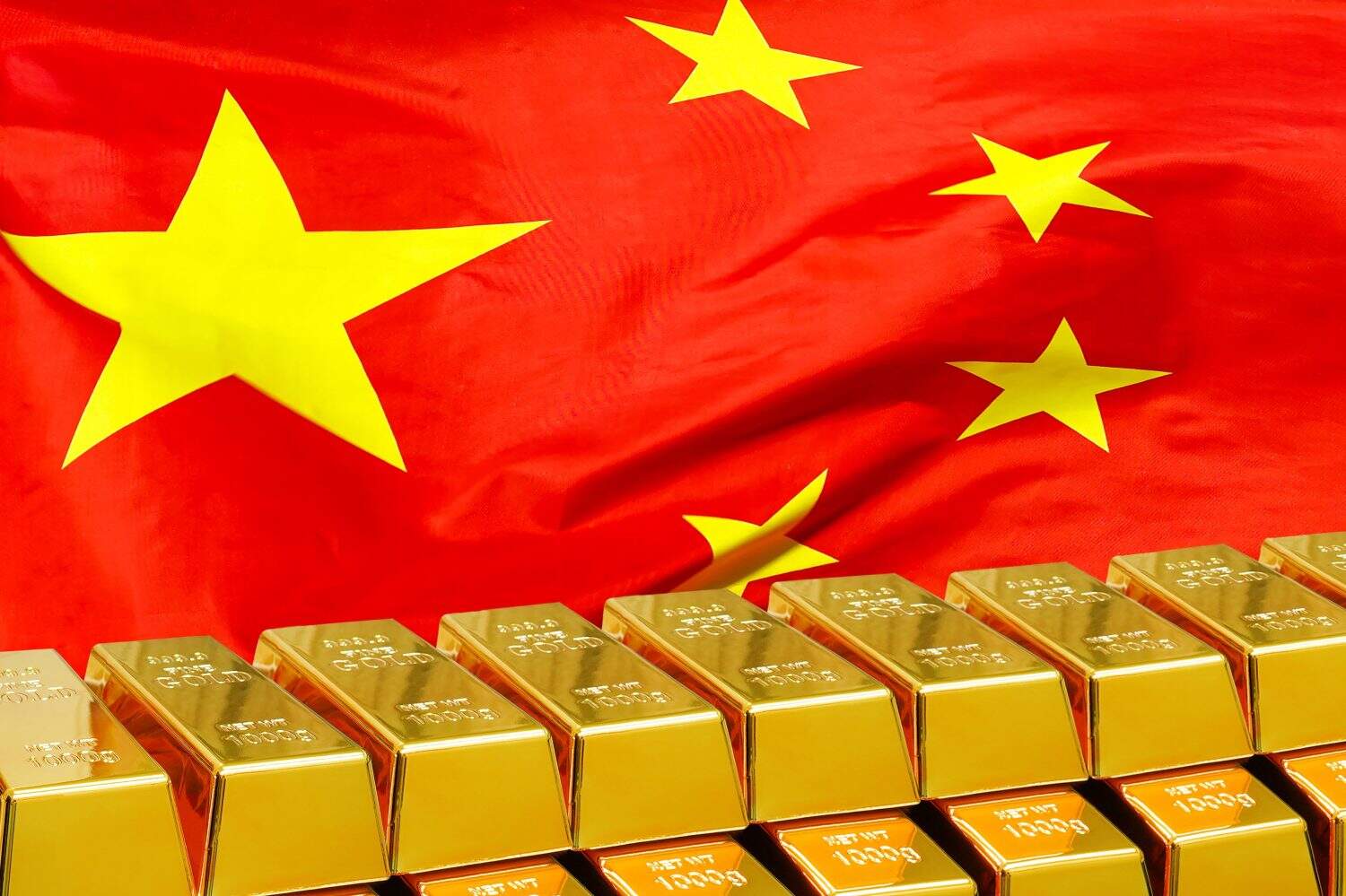 Row of shining golden bullions on the China flag background. Business and financial countrys reserves. Concept of gold reserve and gold fund of China