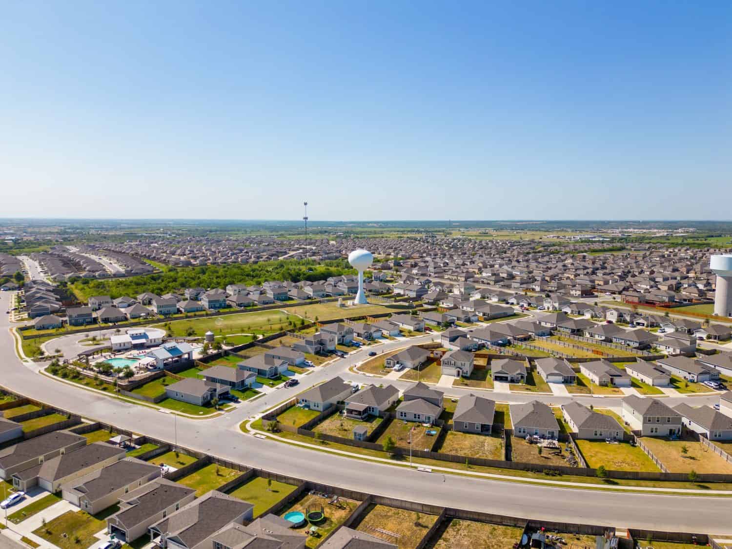 Aerial photo new developed neighborhood homes in Manor Texas