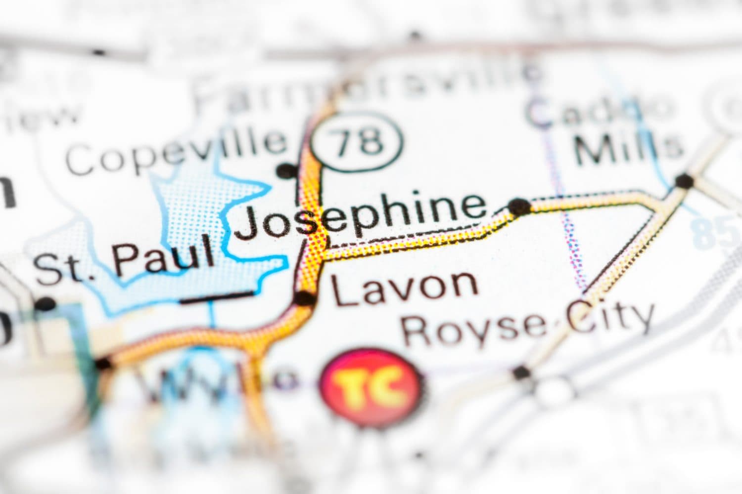 Josephine. Texas. USA on a map