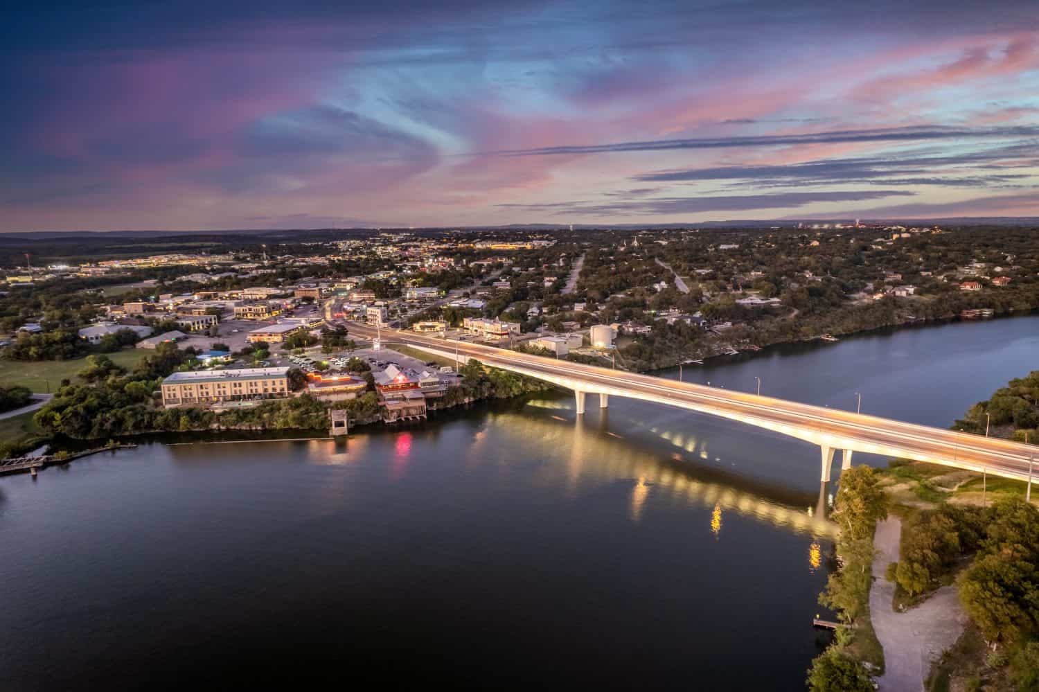 An aerial view of Marble Falls Bridge at sunset. Texas, USA