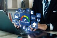 A person in a dark suit is typing on a laptop, with hands visible on the keyboard. Above the laptop, a bright blue holographic interface projects a central 'CREDIT SCORE' gauge, ranging from 'Poor' (red) to 'Excellent' (dark green). Surrounding the gauge are white outlined icons on blue squares, including a car, credit card, shopping cart, documents, a pie chart, bar graphs, stacks of money, a checkmark, an envelope, a magnifying glass, speech bubbles, a bank building, money in a hand, and a house.