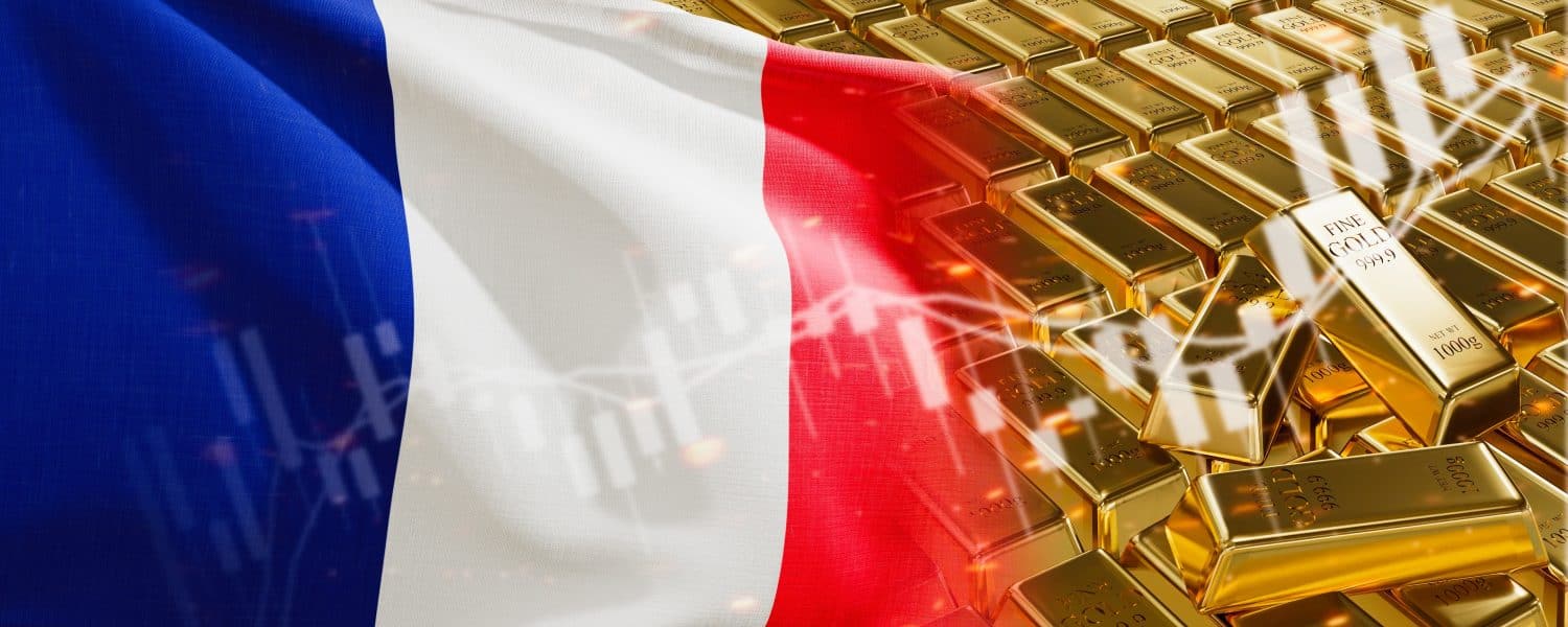 Gold bars with France flag. Chart simply precious metals stocks. National foreign-exchange reserve banking economy system. Golden reserve. 3d image