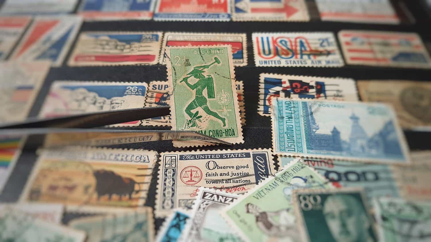 A colorful of old Postage Stamps,Collection of vintage style .Hobby Antique Stamps mail of a different countries .#oldstamp #wallpaper #background #hobby #airmail