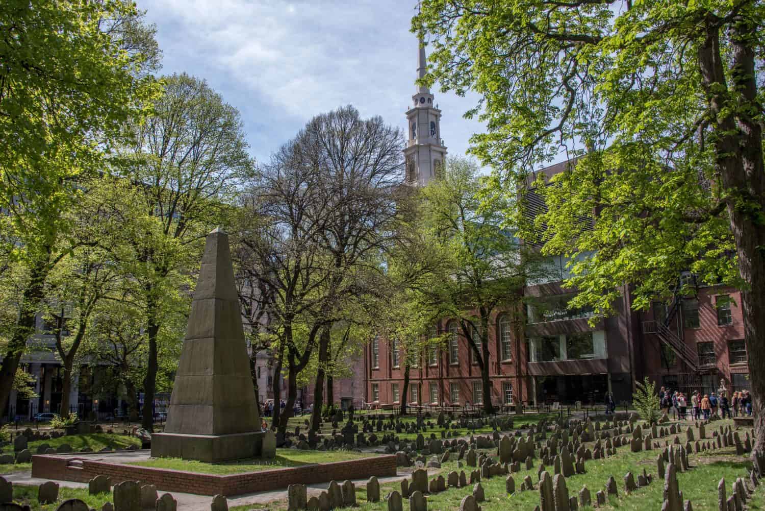 Granary Burying Ground Cemetery with Park Street Church in the background, Benjamin Franklin's parents gravesite, headstone, tombstone