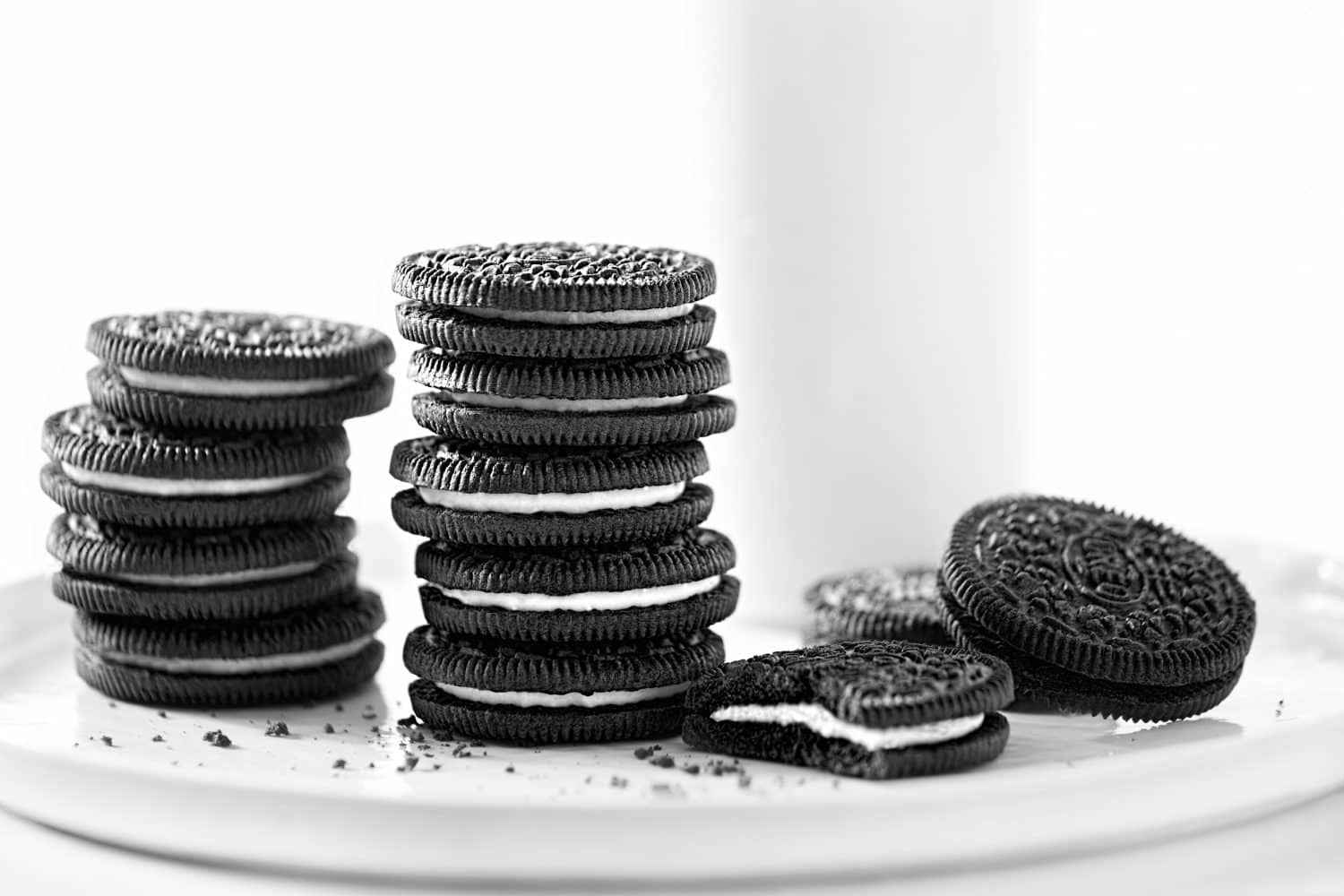 Oreo chocolate cookies stacked with milk