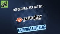 A graphic with a dark blue background featuring a diagonal line and halftone dot pattern. In the top left, a green square logo reads '24/7 WALL ST'. Diagonally across the center, white text says 'REPORTING AFTER THE BELL'. Below it, the Palo Alto Networks logo appears with an orange and white icon and black text 'paloalto NETWORKS'. At the bottom, a light blue slanted rectangle contains white text that reads 'EARNINGS LIVE BLOG'.
