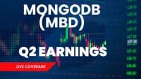 A digital graphic with large white text 'MONGODB (MBD) Q2 EARNINGS' on a dark blue background. Below the text, a red banner states 'LIVE COVERAGE'. The background is composed of a blurred stock market chart featuring green and red candlestick bars and a vertical scroll of green numerical stock prices on the right.
