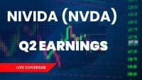 A graphic featuring large white text 'NIVIDA (NVDA)' and 'Q2 EARNINGS' against a dark blue background with an overlaid digital pattern and a blurred financial candlestick chart in green and red. A red banner at the bottom prominently displays 'LIVE COVERAGE' in white text.
