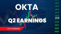 A graphic with white text 'OKTA' and 'Q2 EARNINGS' on a dark blue background. A red banner in the lower left corner says 'LIVE COVERAGE'. In the background, a stock market chart with green and red candlestick bars and numerical values on the right edge is visible.