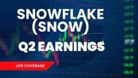 A graphic featuring large white text that reads 'SNOWFLAKE (SNOW) Q2 EARNINGS'. Below this, a red banner states 'LIVE COVERAGE'. The background is a dark blue with a subtle grid pattern, overlaid with vibrant green and red candlestick charts and a column of green numerical stock prices on the right.