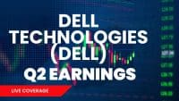 A dark blue financial graphic with large white text stating 'DELL TECHNOLOGIES (DELL) Q2 EARNINGS.' In the lower left corner, a red banner displays 'LIVE COVERAGE' in white text. The background features blurred green and red candlestick stock charts and a column of financial numbers.