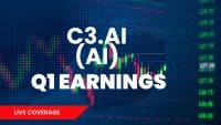 A graphic with white text 'C3.AI (AI) Q1 EARNINGS' prominently displayed on a dark blue background. The background shows abstract green and red financial candlestick charts and faint grid lines, with numerical stock prices listed vertically on the right side. A red rectangular banner in the lower-left corner reads 'LIVE COVERAGE'.