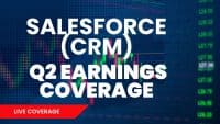 A blue-toned graphic with large white text reading "SALESFORCE (CRM) Q2 EARNINGS COVERAGE." Below, a red banner states "LIVE COVERAGE." The background features abstract financial charts with green and red bars, dotted patterns, and a column of blurred green numbers on the right, all indicative of market data.