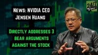 A man with glasses and a black leather jacket, identified as Nvidia CEO Jensen Huang, is shown speaking. He is positioned in front of a green-tinted financial chart background. Overlays include white and green text boxes stating "NEWS: NVIDIA CEO JENSEN HUANG DIRECTLY ADDRESSES 3 BEAR ARGUMENTS AGAINST THE STOCK" and a "24/7 WALL ST" logo.