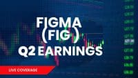 A financial graphic with large white text 'FIGMA (FIG) Q2 EARNINGS' at the center. The background features a dark blue gradient with subtle patterns and illuminated stock charts, showing green and red candlesticks. On the right, a vertical column displays numerical stock prices. A red banner at the bottom left corner reads 'LIVE COVERAGE'.