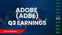 A digital graphic with large white text spelling 'ADOBE (ADBE) Q3 EARNINGS' at its center. The background is a deep blue with a subtle dotted pattern and blurred stock market candlestick charts in green and red. A column of numeric stock prices is visible on the right side. A red banner in the bottom left corner reads 'LIVE COVERAGE'.