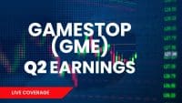 A blue-toned digital graphic with white text proclaiming 'GAMESTOP (GME) Q2 EARNINGS'. The background features abstract patterns of illuminated dots, green and red stock market candlestick charts, and a column of digital numbers representing stock prices on the right. A red banner in the bottom left corner reads 'LIVE COVERAGE'.