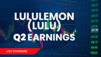 A graphic displaying 'LULULEMON (LULU) Q2 EARNINGS' in large white letters. Below, a red banner reads 'LIVE COVERAGE'. The dark blue background features subtle dot patterns and translucent financial candlestick charts in green, red, and pink, along with a list of stock prices on the right side.