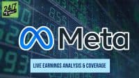 A graphic featuring the Meta Platforms logo, which is a blue infinity symbol next to the word 'Meta' in black, outlined in white. In the top left corner is a green square logo with '24/7 WALL ST'. The background is dark with blurred green digital numbers and a subtle dot pattern, suggesting financial data. A light blue rectangular banner at the bottom reads 'LIVE EARNINGS ANALYSIS & COVERAGE'.