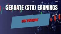 A dark blue background featuring abstract financial candlestick charts in red and green, along with a dotted world map grid. Bold white text reads 'SEAGATE (STX) EARNINGS'. Below this, an angled blue-grey banner displays the red text 'LIVE COVERAGE'.