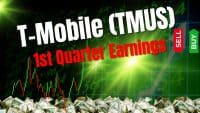 A graphic featuring white text 'T-Mobile (TMUS)' and red text '1st Quarter Earnings' over a dark green background with glowing numerical stock data and candlestick charts. A pile of US dollar bills is at the bottom. On the right, a large gray upward arrow is visible, along with a red vertical 'SELL' arrow pointing down and a green vertical 'BUY' arrow pointing up. A bright green light flare emanates from the center.