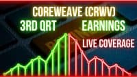 A digital graphic displaying a stock market chart with glowing green upward lines and red downward lines, set against a dark, out-of-focus keyboard. White, glowing text overlays read 'COREWEAVE (CRWV)', '3RD QRT', 'EARNINGS', and 'LIVE COVERAGE'.
