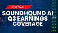 A news graphic with a dark blue background featuring white text that reads "SOUNDHOUND AI Q3 EARNINGS COVERAGE." A red diagonal banner across the top left corner displays "LIVE COVERAGE" in white text. The background includes blurred financial charts with green and red candlesticks and vertical columns of numerical stock data on the right side.
