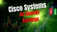 A graphic featuring the text 'Cisco Systems' in large white font and '1st quarter Earnings' in large red font, centered on a bright green light flare. The background is a dark green grid overlaid with translucent green stock market numbers and a dynamic candlestick chart showing red and green bars. A large, faint upward-pointing grey arrow signifies growth, while smaller, distinct arrows on the right indicate 'SELL' in red pointing down and 'BUY' in green pointing up.