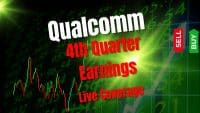 A stylized financial graphic with 'Qualcomm 4th Quarter Earnings Live Coverage' in prominent white and red text. The background features green-hued financial numbers, a bright central light flare, and a green and red candlestick stock chart on the left. On the right, a large gray arrow points upwards, accompanied by a red 'SELL' arrow pointing down and a green 'BUY' arrow pointing up.