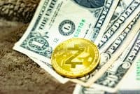 Close up of top important cryptocurrencies which dollar bank note in background. which including of Bitcoin, Ethereum, Litecoin, Dash, Zcash and Ripple coin. Business and financial as concept.
