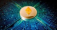 One Ethereum coin on a background of blue circuit board pattern