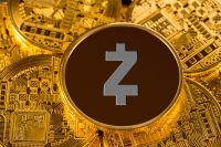 Illustration of Zcash coin on gold background to illustrate blockchain and cyber currency