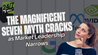 A woman with light brown hair pulled back, wearing a dark blue and white striped top, looks upward thoughtfully with her hand resting on her chin. Overlaid text in a distressed white font reads 'THE MAGNIFICENT SEVEN MYTH CRACKS as Market Leadership Narrows'. In the blurred gray background, partially visible logos for Meta, Google, and Nvidia represent major tech companies. A '24/7 WALL ST' logo is in the upper left corner.