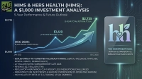 A dark blue financial infographic titled "HIMS & HERS HEALTH (HIMS): A $1,000 INVESTMENT ANALYSIS" with a subtitle "5-Year Performance & Future Outlook." A line graph illustrates an initial $1,000 investment in December 2020 rising to $1,410 by YTD 2025 (41.0% return) and projecting to $2,735 by December 2025 (173.5% total return), indicated by a large upward arrow. To the right, the Hims & Hers logo is displayed in a transparent box with the text "THE INVESTMENT CASE: MARGIN EXPANSION vs. INFRASTRUCTURE COSTS." Below the graph, bullet points detail HIMS's business model, subscriber count, revenue, regulatory headwinds, infrastructure investments, operating margin, and high volatility.