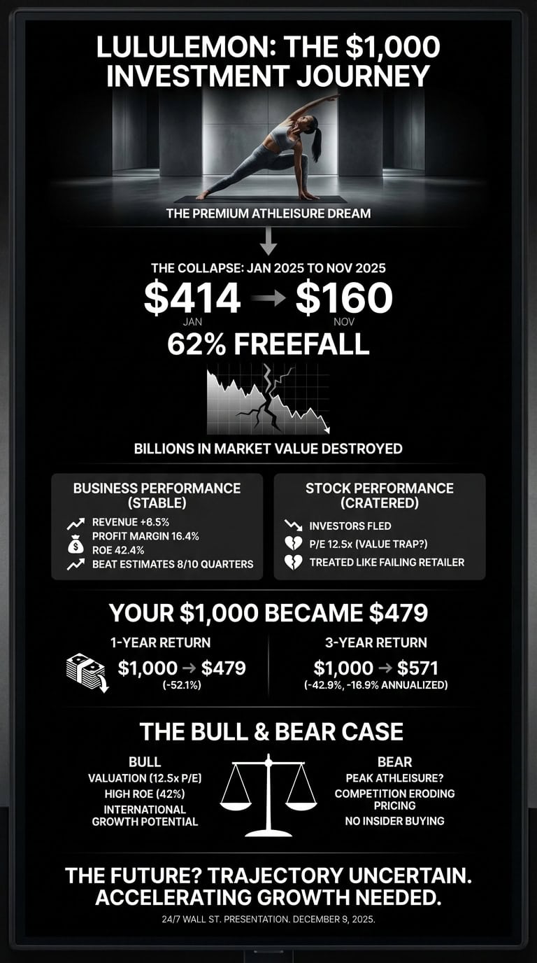 An infographic titled 'Lululemon: The $1,000 Investment Journey' on a black background. At the top, an image of a woman in a yoga pose. Below that, a section details a stock collapse from January to November 2025, showing Lululemon's price dropping from $414 to $160, a 62% freefall, accompanied by a broken stock chart representing billions in market value destroyed. Two side-by-side boxes show business performance as stable (revenue +6.5%, profit margin 16.4%, ROE 42.4%, beat 8/10 quarters) versus stock performance as cratered (investors fled, P/E 12.5x, treated like failing retailer). A section indicates that a $1,000 investment became $479 for a 1-year return (-52.1%) and $571 for a 3-year return (-42.9%, -16.9% annualized). The bull case mentions valuation (12.5x P/E), high ROE, and international growth potential, while the bear case cites peak athleisure, competition eroding pricing, and no insider buying, separated by a scales icon. The infographic concludes with 'The future? Trajectory uncertain. Accelerating growth needed.' and the presentation date 'December 9, 2025'.
