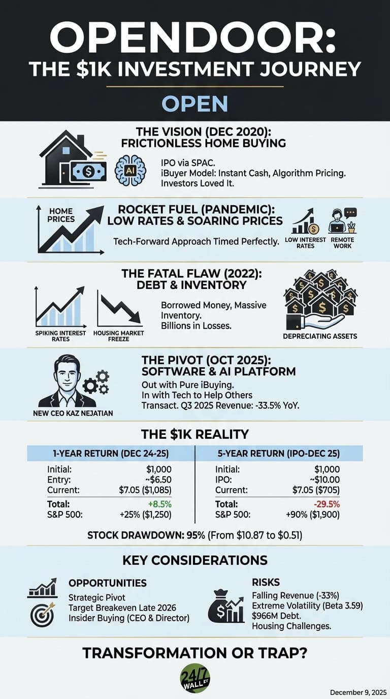An infographic titled 'Opendoor: The $1K Investment Journey' details the company's history and investment performance. It outlines the Dec 2020 vision, the pandemic's 'rocket fuel' effect, and the 'fatal flaw' of debt and inventory in 2022. It highlights a pivot to a software and AI platform in Oct 2025 under new CEO Kaz Nejatian. The '$1K Reality' section shows a 1-year return (Dec 24-25) of +8.5% ($1,085) and a 5-year return (IPO-Dec 25) of -29.5% ($705) for a $1,000 initial investment, contrasted with S&P 500 gains. A 95% stock drawdown from $10.87 to $0.51 is noted. Key opportunities include a strategic pivot and insider buying, while risks include falling revenue, extreme volatility, and significant debt. The infographic uses icons for homes, an AI brain, financial charts, and a human profile, set against dark blue, light blue, white, and black backgrounds.