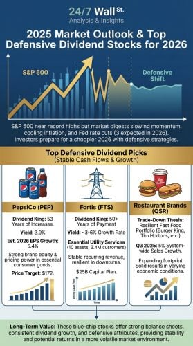 A blue and white infographic titled "2025 Market Outlook & Top Defensive Dividend Stocks for 2026". A line graph depicts the S&P 500, showing an initial rise, a peak, and then a "Defensive Shift" into a less volatile, wavy pattern. Below, three distinct panels detail "Top Defensive Dividend Picks." The first panel, for PepsiCo (PEP), features Pepsi cans and a bottle, alongside text outlining "Dividend King: 53 Years of Increases," "Yield: 3.9%," and "Est. 2026 EPS Growth: 5.4%," accompanied by a rising bar chart. The second panel, for Fortis (FTS), shows a power line tower, with details like "Dividend King: 50+ Years of Payment," "Yield: ~3-6% Growth Rate," and a "$25B Capital Plan," along with a utility cash flow bar chart over time. The third panel, for Restaurant Brands (QSR), displays a Burger King Whopper and a Tim Hortons coffee cup, describing a "Trade-Down Thesis" for brands like Burger King and Tim Hortons, with "Q3 2025: 5% System-wide Sales Growth," and a composite chart including a pie slice and rising bars. A green banner at the bottom summarizes these as "Long-Term Value" blue-chip stocks offering stability and potential returns.
