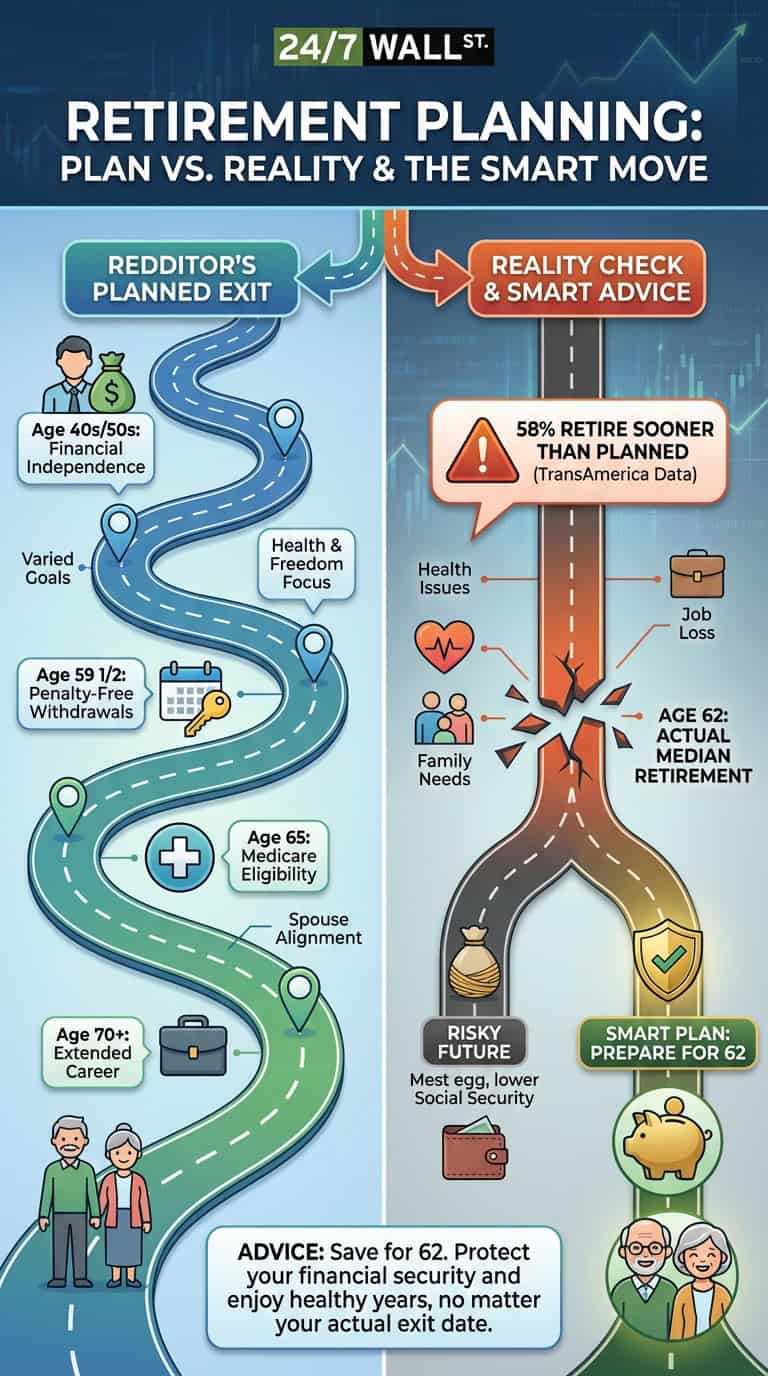 An infographic titled 'Retirement Planning: Plan vs. Reality & The Smart Move' by 24/7 Wall St. It features two winding paths: one depicting an ideal Redditor's planned retirement from age 40s/50s to 70+, and the other showing the reality where 58% retire sooner, at a median age of 62, due to health, family, or job loss, advocating preparation for an earlier retirement.