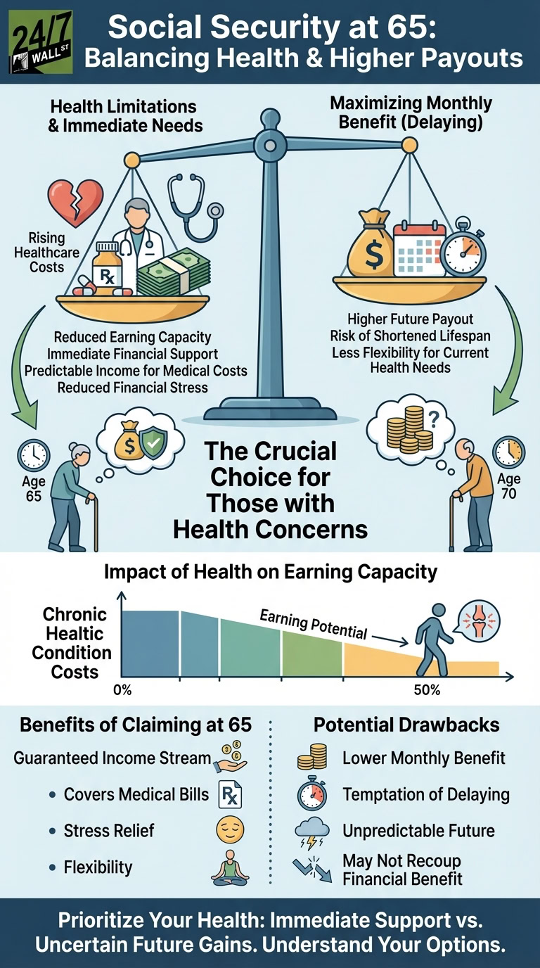 A detailed infographic from 24/7 Wall St. titled 'Social Security at 65: Balancing Health &amp; Higher Payouts,' visually comparing the advantages of claiming benefits at 65 for health needs against delaying until 70 for maximum monthly benefits. It depicts a scale weighing immediate health support and costs against potential higher future payouts, alongside a graph illustrating how chronic health conditions affect earning potential.