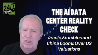 A man with light hair and a dark shirt speaks, positioned on the left side of the frame. To his right, bold white text against a dark blue background with financial charts reads: 'THE AI DATA CENTER REALITY CHECK' followed by 'Oracle Stumbles and China Looms Over US Valuations.' A green and white '24/7 WALL ST' logo is in the top left corner.