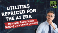 A man wearing glasses, a light blue shirt, and a dark blue polka-dot tie looks thoughtfully to the upper right, resting his chin on his hand. He is positioned in the lower right corner, in front of a blurred background of a modern data center with rows of server racks. Overlaying the image are large white text that reads 'UTILITIES REPRICED FOR THE AI ERA' and a red banner with white text stating 'Monopoly Power Meets Surging Data Center Demand'. A '24/7 WALL ST' logo in green and white is in the upper right corner.