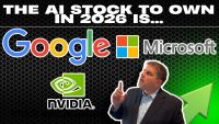A man in a dark suit and light plaid shirt points upward and to the left, looking contemplatively towards the top of the frame. Above him, white bold text reads 'THE AI STOCK TO OWN IN 2026 IS...'. Below this text, the colorful logos for Google, Microsoft, and Nvidia are displayed. The background features a dark honeycomb pattern that fades into a vibrant green honeycomb pattern on the right, where a large green arrow points diagonally upwards.