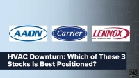 A blue and gray graphic featuring the logos of three HVAC companies: AAON, Carrier, and Lennox International, presented horizontally. Below the logos, white text on a dark blue banner asks, 'HVAC Downturn: Which of These 3 Stocks Is Best Positioned?'. A faint background pattern of HVAC system schematics is visible, and the '24/7 WALL ST.' logo is in the bottom right corner.