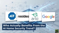 Four white square cards displaying company logos – ADT in a blue octagon, Resideo in black text, Arlo with a green bird and Wi-Fi symbol, and Google in its colorful text – are layered over a blue background of a circuit board and connected smart home icons. A dark blue banner across the bottom reads, 'Who Actually Benefits From the AI Home Security Trend?', with the '24/7 WALL ST' logo in the lower right corner.