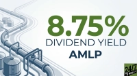 An illustration with large green text '8.75%' above dark blue text 'DIVIDEND YIELD' and 'AMLP'. The left side of the image depicts stylized grey and blue industrial pipelines and storage tanks. A '24/7 WALL ST' logo is in the bottom right.