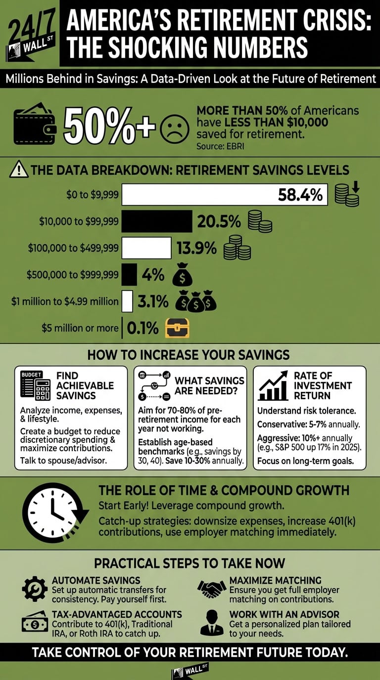 An infographic titled 'America's Retirement Crisis: The Shocking Numbers' by 24/7 Wall St.