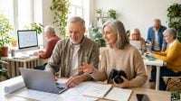 A diverse group of senior adults actively works in a bright office environment, with several people using laptops and computers, and one woman holding a camera, illustrating older adults remaining professionally engaged.