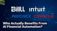 A dark blue background with light blue glowing lines resembling a circuit board network. In the upper half, the white logos for Bill.com and Intuit are prominently displayed. Below them, the blue Paychex logo and the red Oracle logo are featured. The bottom portion contains white text asking 'Who Actually Benefits From AI Financial Automation?'. The '24/7 WALL ST' logo is in a green square in the top left corner.