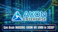 The Axon Enterprise logo, featuring a blue stylized triangle with a white swirl and the words 'AXON ENTERPRISE' in glowing blue, is centered. The background is a blurred, deep blue digital display with stock market data, connecting lines, and an ascending green line graph, suggesting growth. A blue banner at the bottom contains the question: 'Can Axon (NASDAQ: AXON) Hit $900 in 2026?' in white text. The '24/7 WALL ST' logo is in the top right corner.